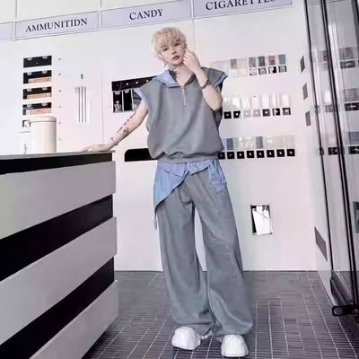 Woo Stripe Spliced Hooded Half-Zip & Casual Sweatpants Set-korean-fashion-Clothing Set-Woo's Closet-OH Garments
