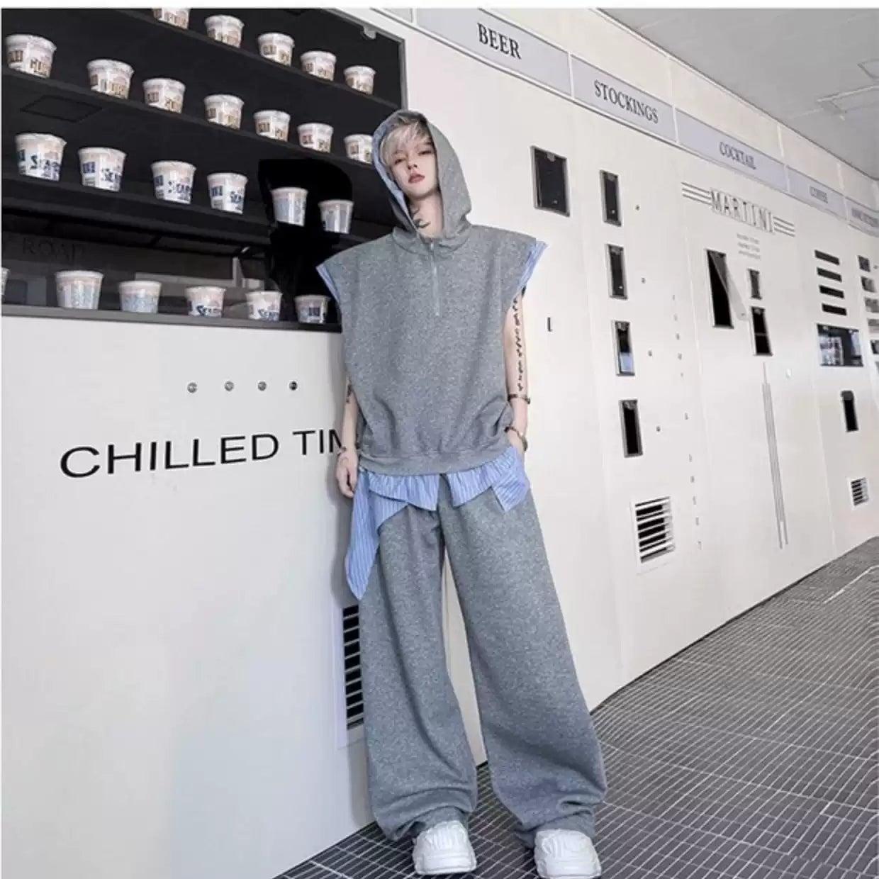 Woo Stripe Spliced Hooded Half-Zip & Casual Sweatpants Set-korean-fashion-Clothing Set-Woo's Closet-OH Garments
