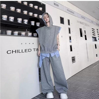 Woo Stripe Spliced Hooded Half-Zip & Casual Sweatpants Set-korean-fashion-Clothing Set-Woo's Closet-OH Garments