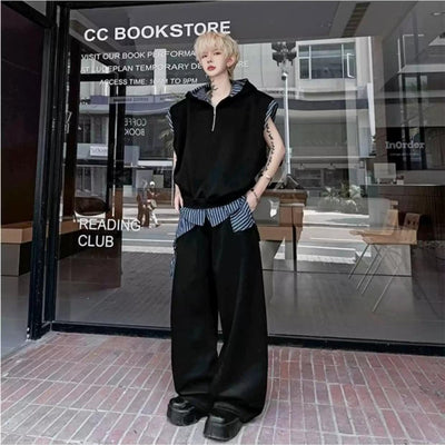 Woo Stripe Spliced Hooded Half-Zip & Casual Sweatpants Set-korean-fashion-Clothing Set-Woo's Closet-OH Garments