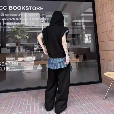 Woo Stripe Spliced Hooded Half-Zip & Casual Sweatpants Set-korean-fashion-Clothing Set-Woo's Closet-OH Garments