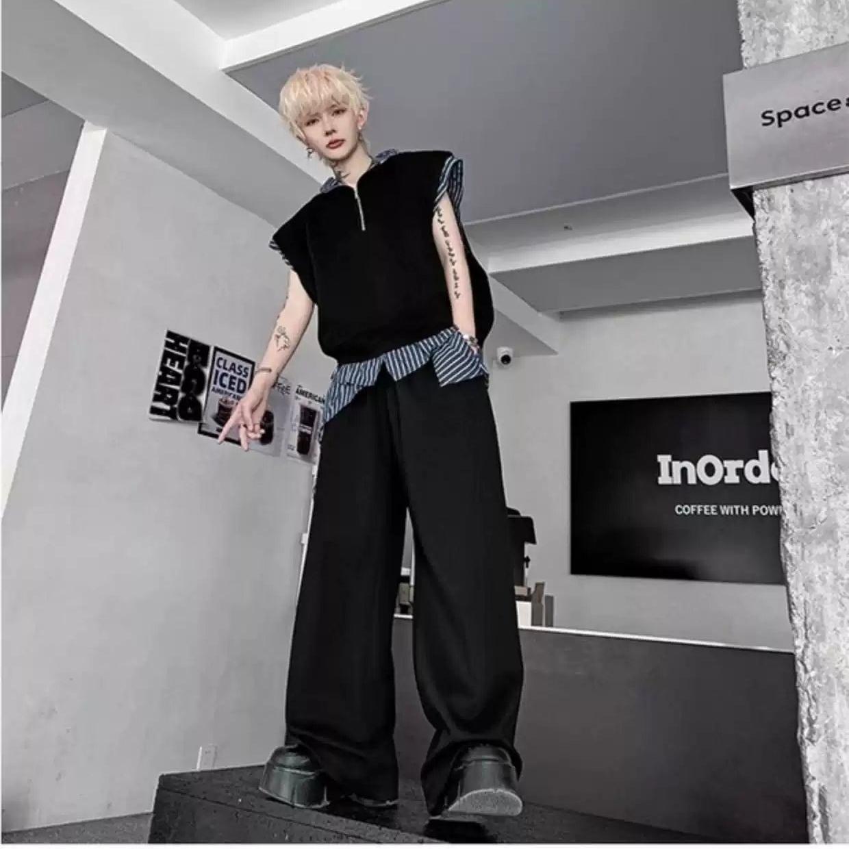 Woo Stripe Spliced Hooded Half-Zip & Casual Sweatpants Set-korean-fashion-Clothing Set-Woo's Closet-OH Garments
