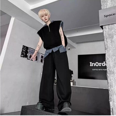Woo Stripe Spliced Hooded Half-Zip & Casual Sweatpants Set-korean-fashion-Clothing Set-Woo's Closet-OH Garments
