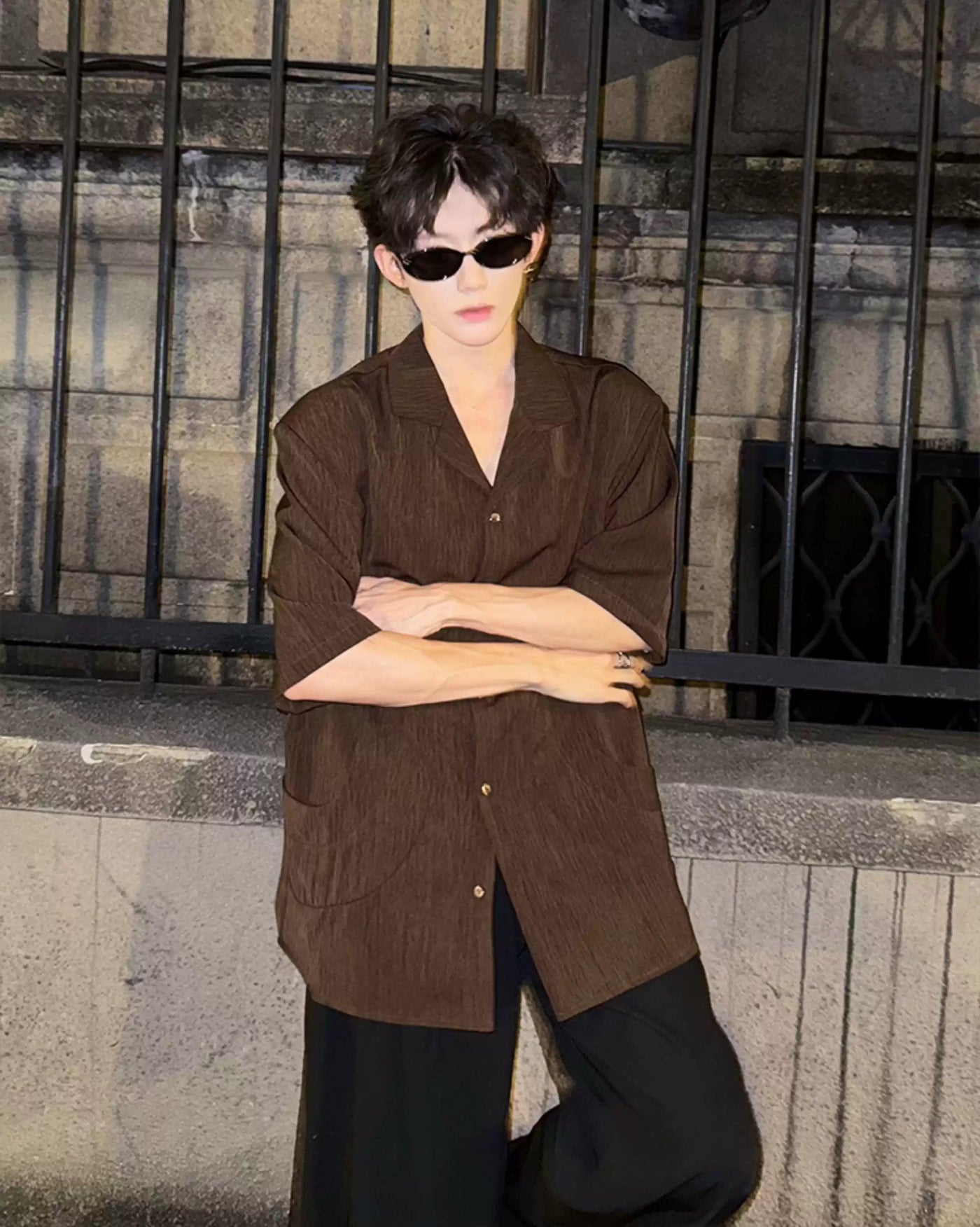 Woo Textured V-Neck Shirt-korean-fashion-Shirt-Woo's Closet-OH Garments
