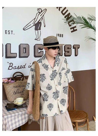 Woo Vintage Floral Print Short Sleeve Shirt-korean-fashion-Shirt-Woo's Closet-OH Garments