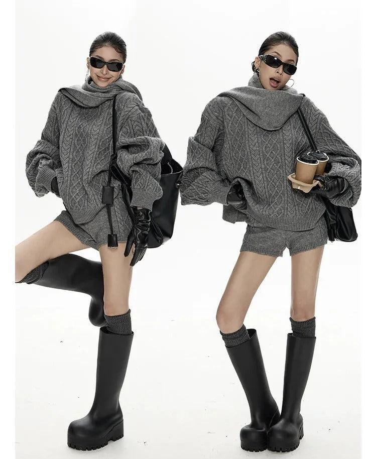 Zero Cable Knit Sweater & Shorts & Scarf Set-korean-fashion-Sweater-Zero's Closet-OH Garments