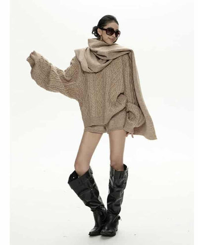 Zero Cable Knit Sweater & Shorts & Scarf Set-korean-fashion-Sweater-Zero's Closet-OH Garments