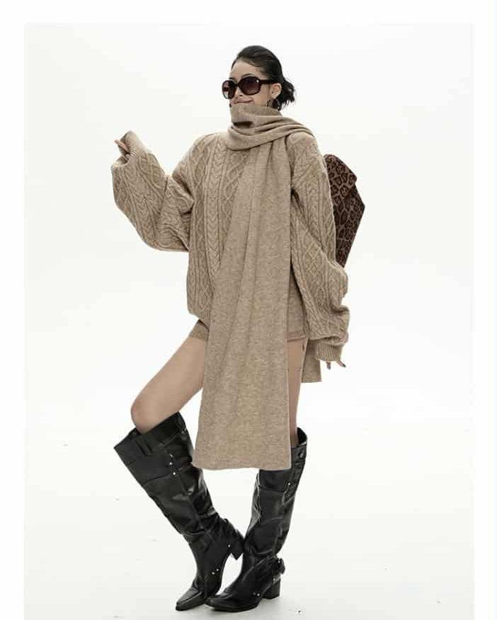 Zero Cable Knit Sweater & Shorts & Scarf Set-korean-fashion-Sweater-Zero's Closet-OH Garments