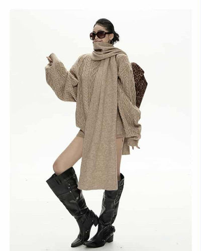 Zero Cable Knit Sweater & Shorts & Scarf Set-korean-fashion-Sweater-Zero's Closet-OH Garments