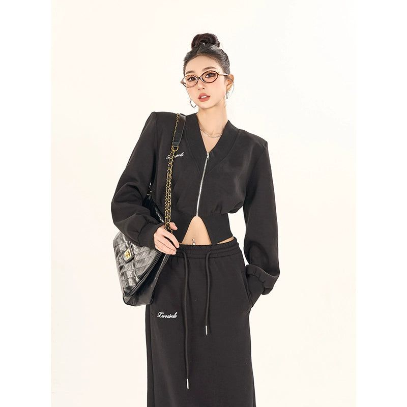 Zero Casual V-Neck Cropped Jacket & Drawstring Long Skirt Set-korean-fashion-Clothing Set-Zero's Closet-OH Garments