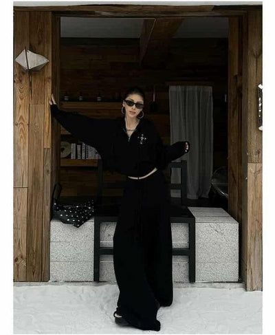 Zero Fuzzy Cross Detail Zipped Hoodie & Wide Sweatpants Set-korean-fashion-Clothing Set-Zero's Closet-OH Garments