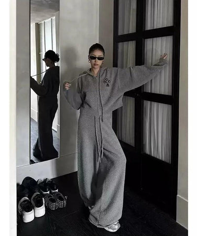 Zero Fuzzy Cross Detail Zipped Hoodie & Wide Sweatpants Set-korean-fashion-Clothing Set-Zero's Closet-OH Garments