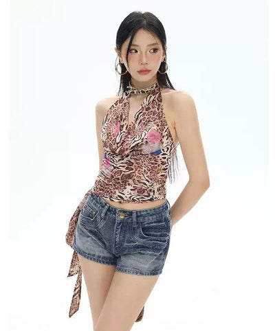 Zero Leopard Side Strap Halterneck Blouse-korean-fashion-Blouse-Zero's Closet-OH Garments