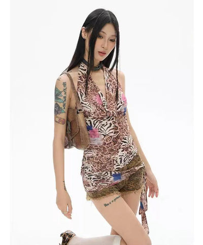 Zero Leopard Side Strap Halterneck Blouse-korean-fashion-Blouse-Zero's Closet-OH Garments
