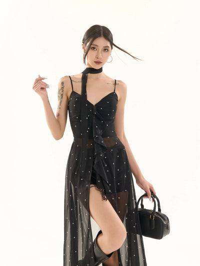 Zero Mesh Polka Dots Slit Dress-korean-fashion-Dress-Zero's Closet-OH Garments