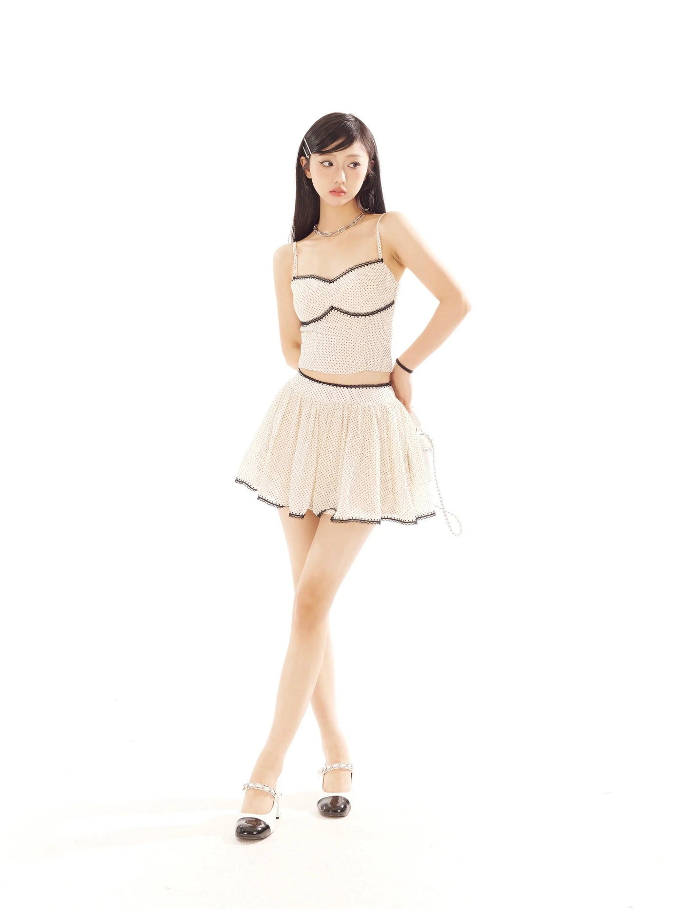 Zero Polka Dots Camisole & Lace Contrast Skirt Set-korean-fashion-Clothing Set-Zero's Closet-OH Garments