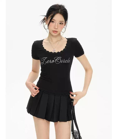 Zero Rhinestones Lace Edge T-Shirt-korean-fashion-T-Shirt-Zero's Closet-OH Garments