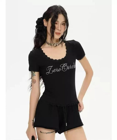 Zero Rhinestones Lace Edge T-Shirt-korean-fashion-T-Shirt-Zero's Closet-OH Garments
