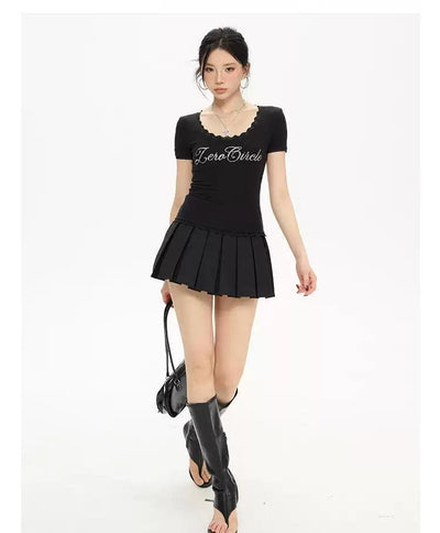 Zero Rhinestones Lace Edge T-Shirt-korean-fashion-T-Shirt-Zero's Closet-OH Garments