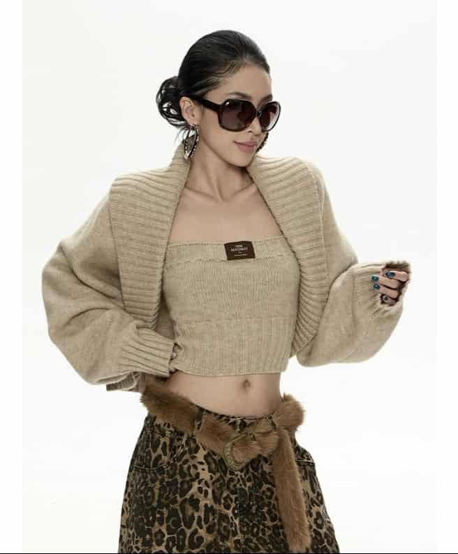 Zero Ribbed Knit Tube Top & Plain Cardigan Set-korean-fashion-Clothing Set-Zero's Closet-OH Garments