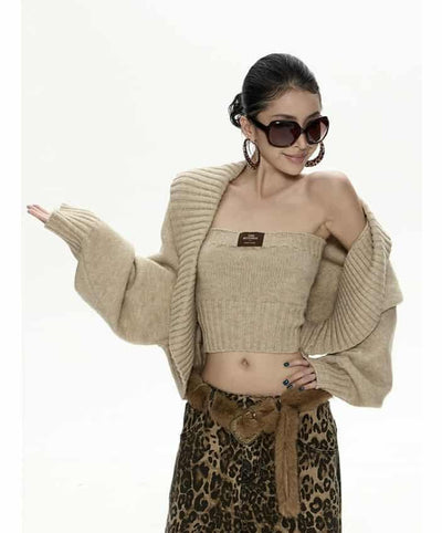 Zero Ribbed Knit Tube Top & Plain Cardigan Set-korean-fashion-Clothing Set-Zero's Closet-OH Garments