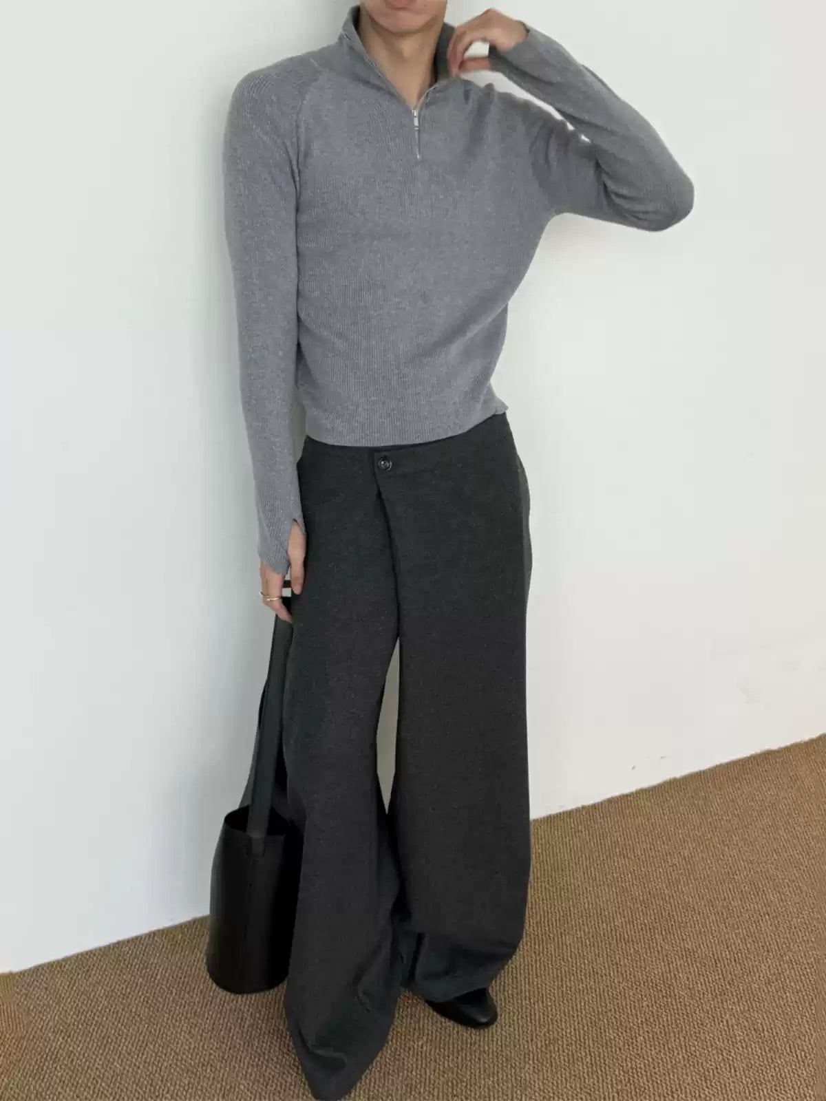 Zhou Asymmetric Button Loose Fit Trousers-korean-fashion-Trousers-Zhou's Closet-OH Garments