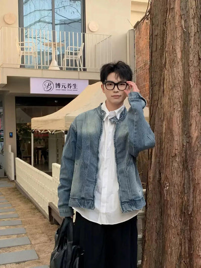 Zhou Bleach Washed Stand Collar Denim Jacket-korean-fashion-Jacket-Zhou's Closet-OH Garments