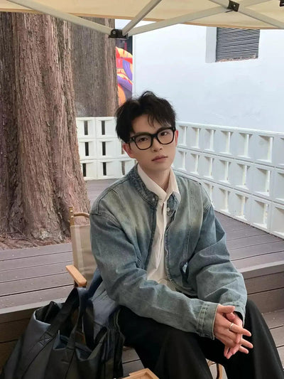Zhou Bleach Washed Stand Collar Denim Jacket-korean-fashion-Jacket-Zhou's Closet-OH Garments