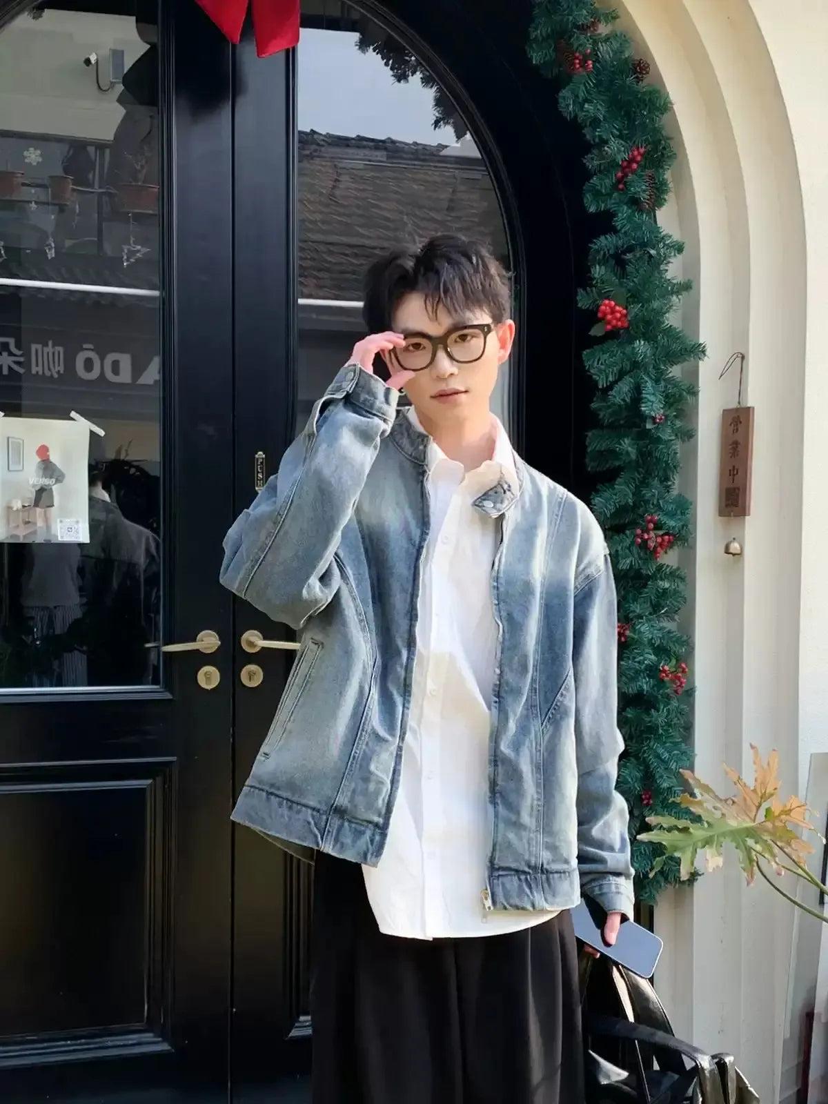 Zhou Bleach Washed Stand Collar Denim Jacket-korean-fashion-Jacket-Zhou's Closet-OH Garments