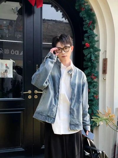 Zhou Bleach Washed Stand Collar Denim Jacket-korean-fashion-Jacket-Zhou's Closet-OH Garments