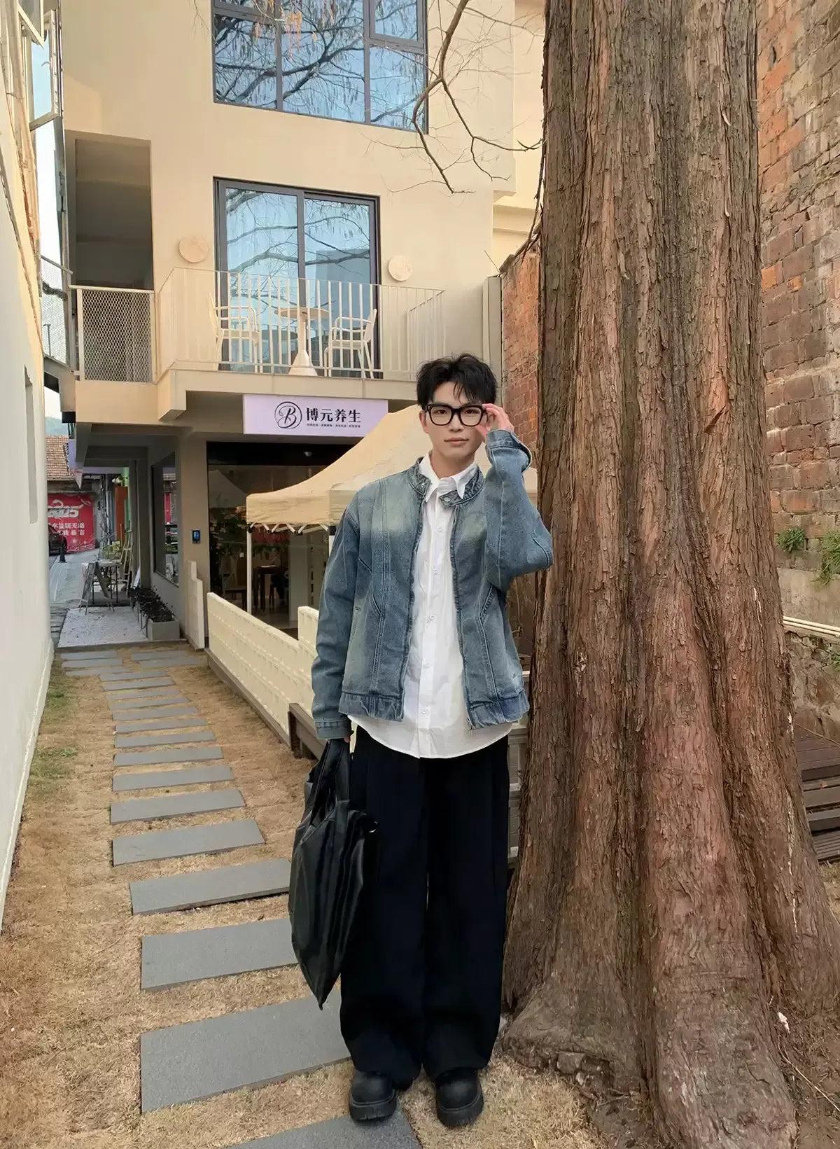 Zhou Bleach Washed Stand Collar Denim Jacket-korean-fashion-Jacket-Zhou's Closet-OH Garments