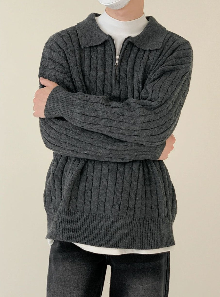 Zhou Cable-Knit Collared Sweater-korean-fashion-Sweater-Zhou's Closet-OH Garments