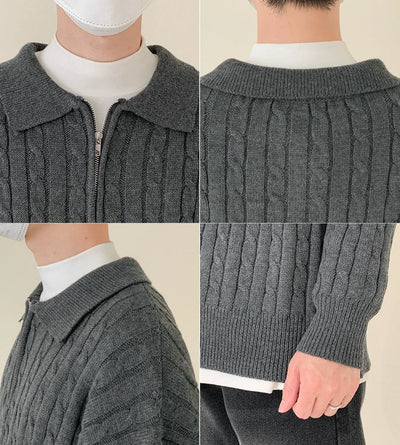 Zhou Cable-Knit Collared Sweater-korean-fashion-Sweater-Zhou's Closet-OH Garments