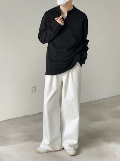 Zhou Casual Notched Collar Long Sleeve T-Shirt-korean-fashion-T-Shirt-Zhou's Closet-OH Garments