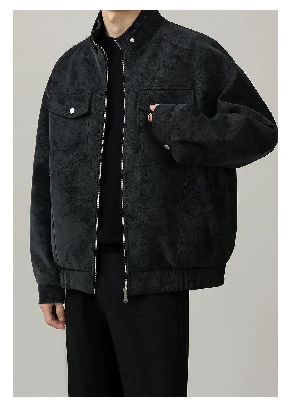 Zhou Clean Fit Smudged Micro Suede Jacket-korean-fashion-Jeans-Zhou's Closet-OH Garments