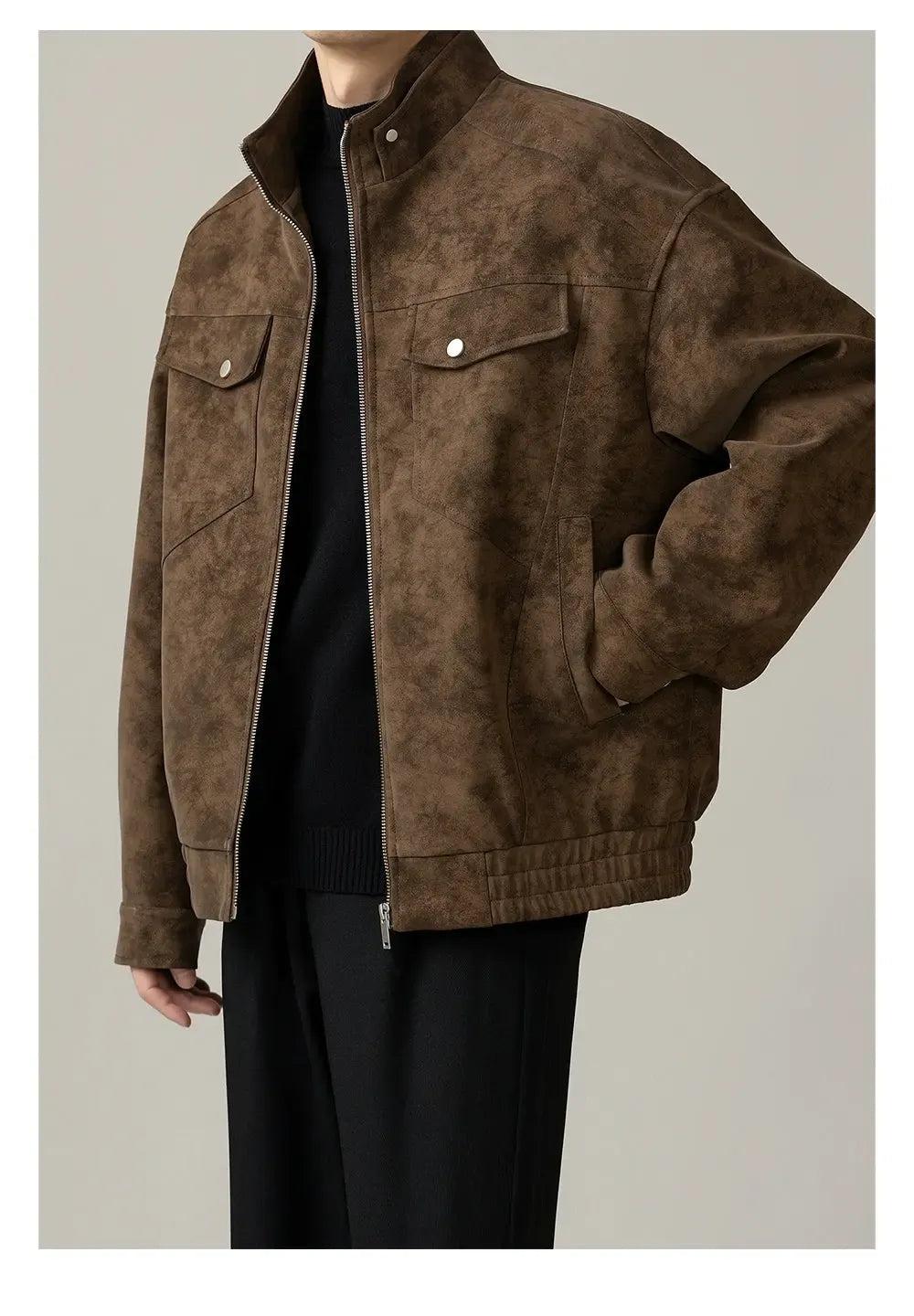 Zhou Clean Fit Smudged Micro Suede Jacket-korean-fashion-Jeans-Zhou's Closet-OH Garments