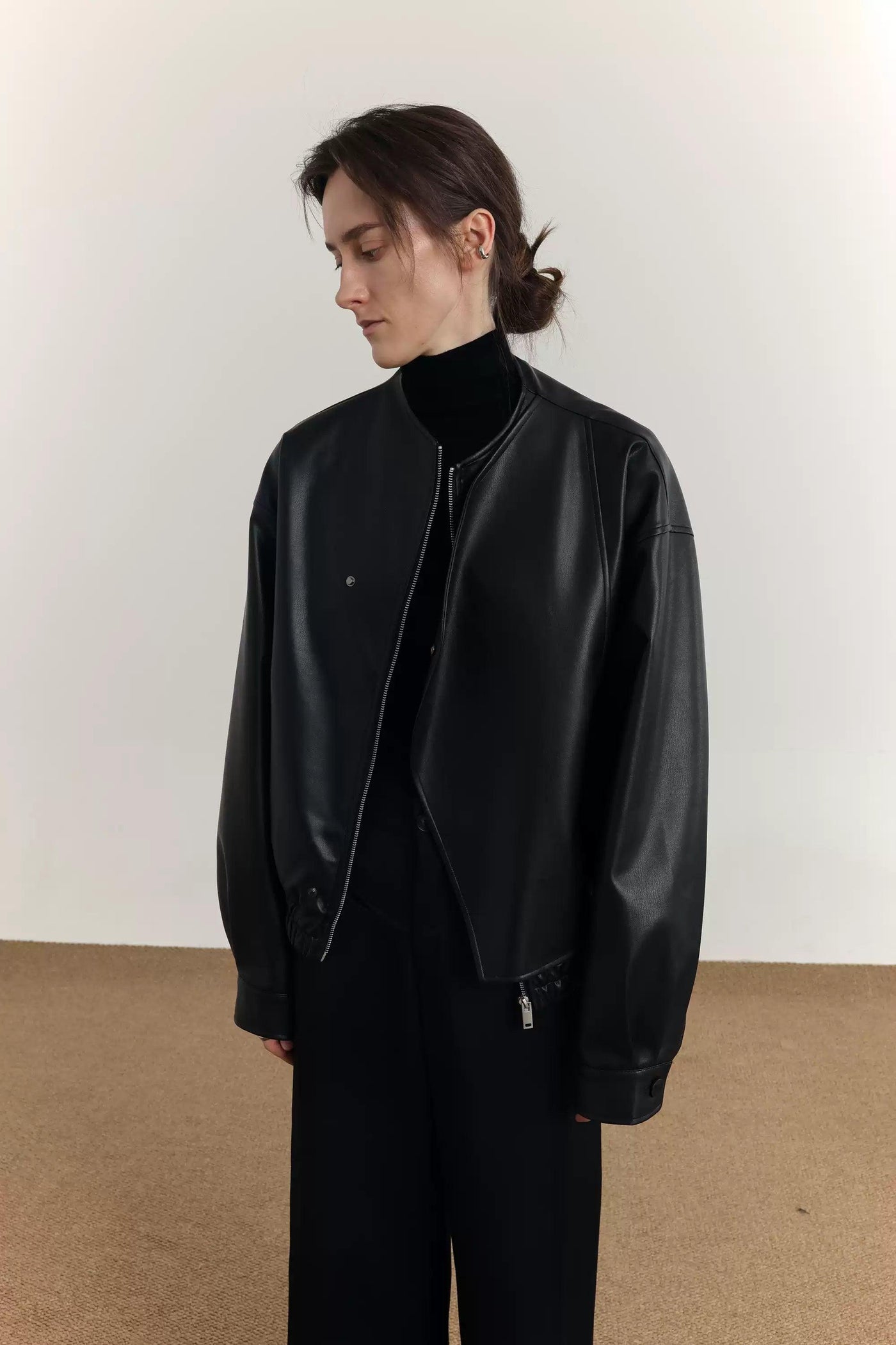 Zhou Collarless Layer-Wrapped PU Leather Jacket-korean-fashion-Jacket-Zhou's Closet-OH Garments