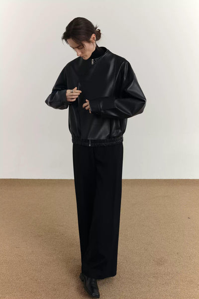 Zhou Collarless Layer-Wrapped PU Leather Jacket-korean-fashion-Jacket-Zhou's Closet-OH Garments