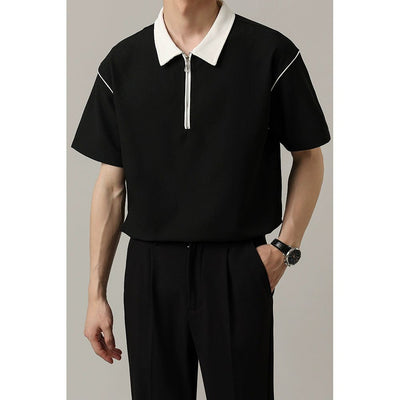 Zhou Contrast Collar Half-Zip Polo-korean-fashion-Polo-Zhou's Closet-OH Garments