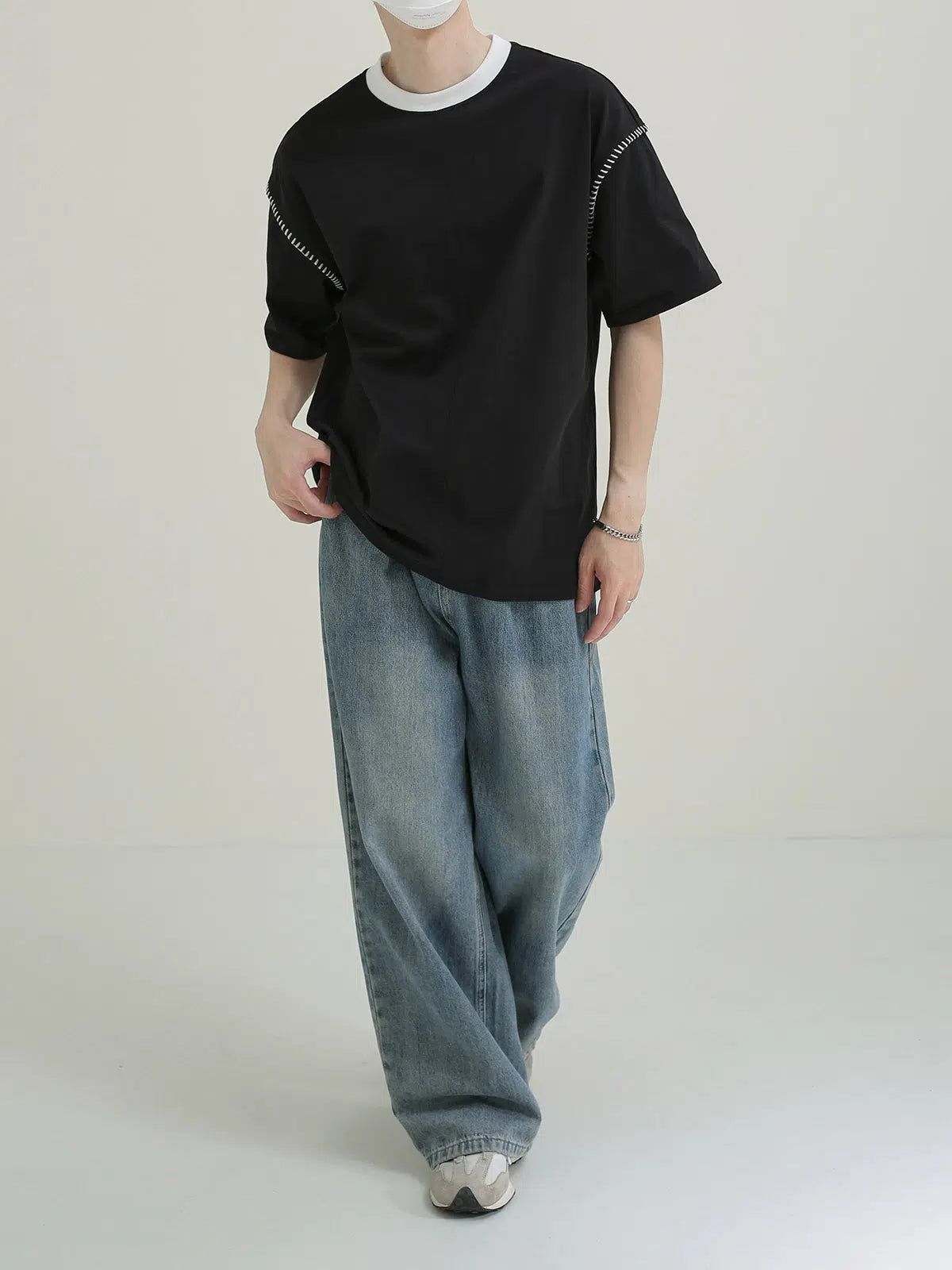 Zhou Contrast Neckline & Shoulder Line T-Shirt-korean-fashion-T-Shirt-Zhou's Closet-OH Garments