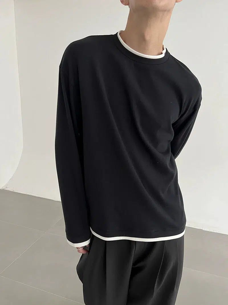 Zhou Contrast Outline Long Sleeve T-Shirt-korean-fashion-T-Shirt-Zhou's Closet-OH Garments