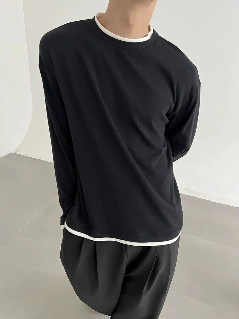 Zhou Contrast Outline Long Sleeve T-Shirt-korean-fashion-T-Shirt-Zhou's Closet-OH Garments