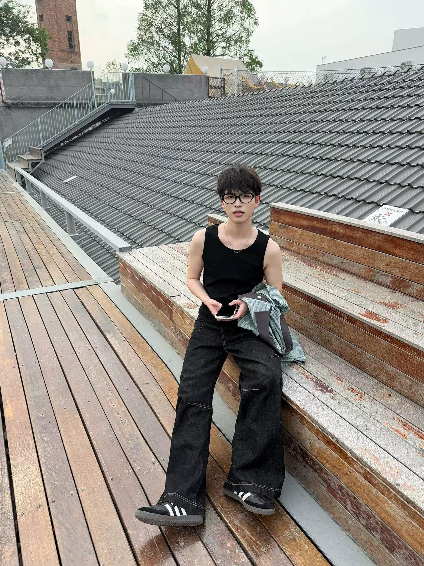 Zhou Contrast Seamed Straight Jeans-korean-fashion-Jeans-Zhou's Closet-OH Garments