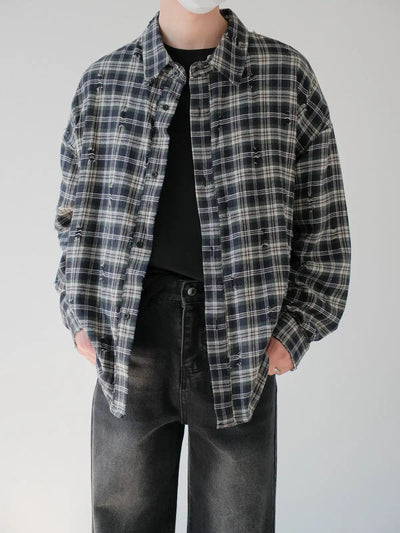 Zhou Distressed Plaid Flannel Shirt-korean-fashion-Shirt-Zhou's Closet-OH Garments