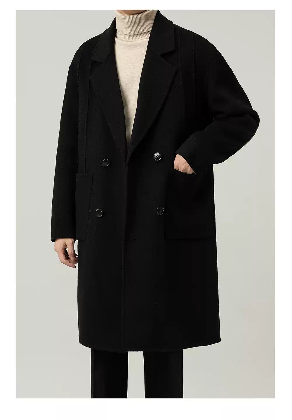 Zhou Double-Breasted Pocket Blend Wool Long Coat-korean-fashion-Long Coat-Zhou's Closet-OH Garments