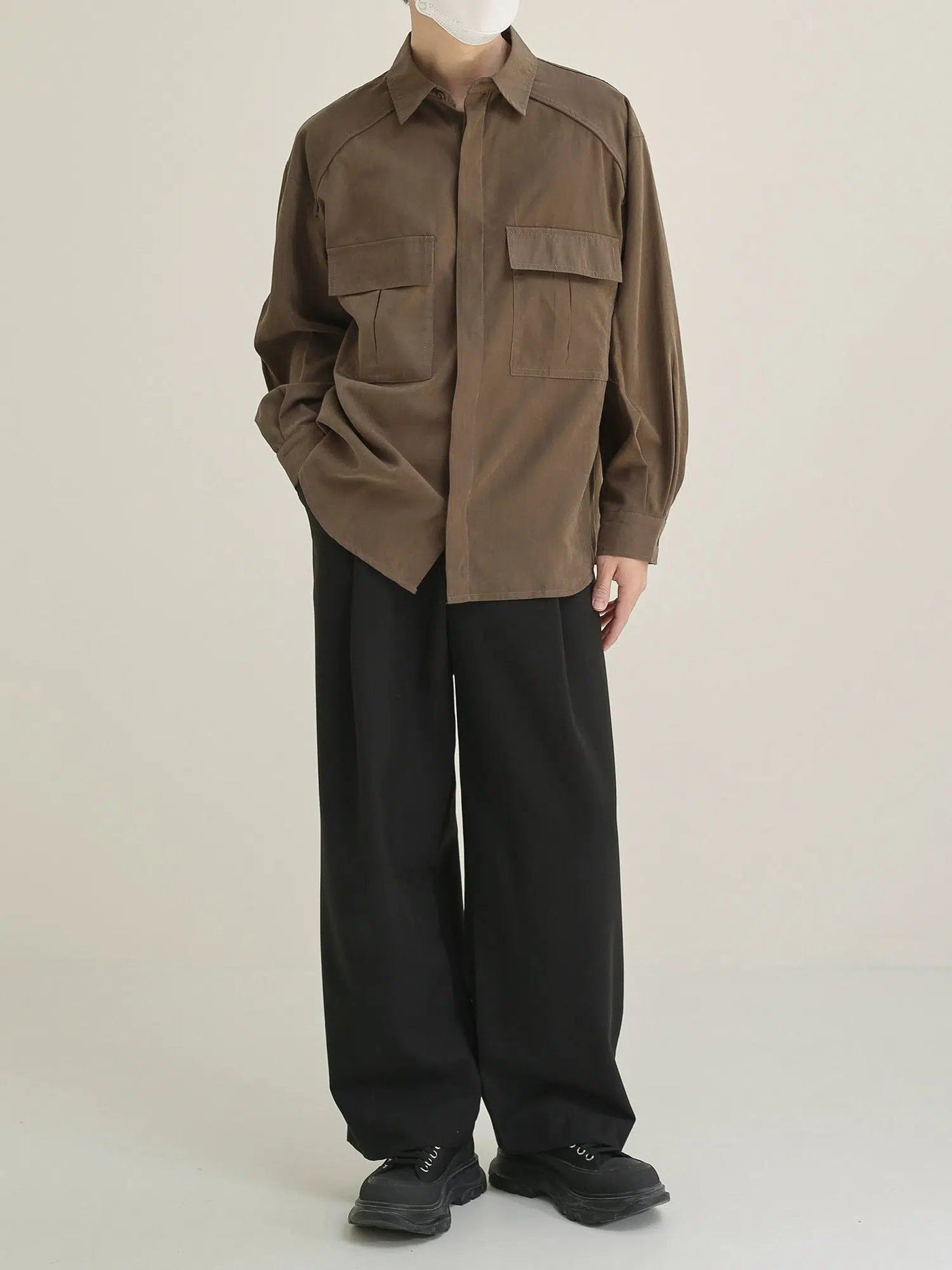 Zhou Drop Shoulder Flap Pocket Shirt-korean-fashion-Shirt-Zhou's Closet-OH Garments