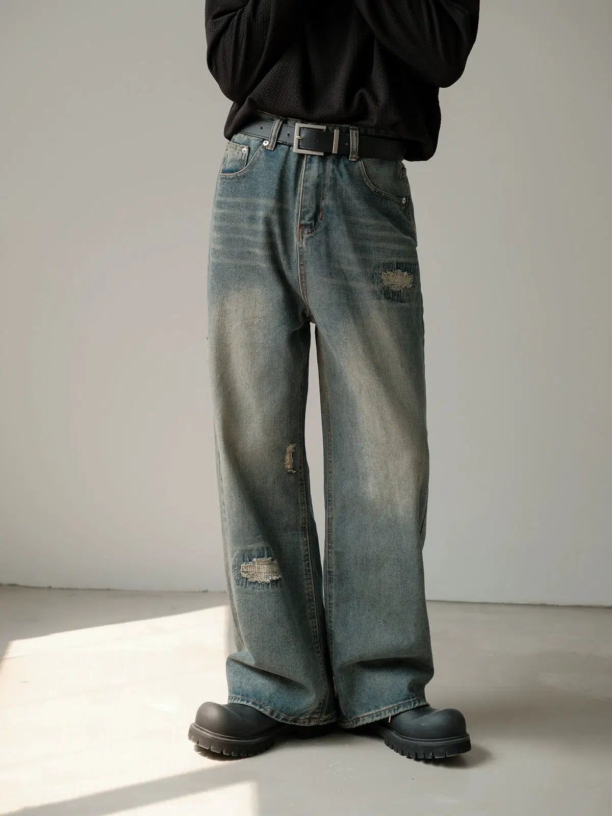 Zhou Faded Patched Detail Jeans-korean-fashion-Jeans-Zhou's Closet-OH Garments