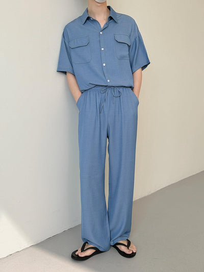 Zhou Flap Pocket Shirt & Drawstring Flow Pants Set-korean-fashion-Clothing Set-Zhou's Closet-OH Garments