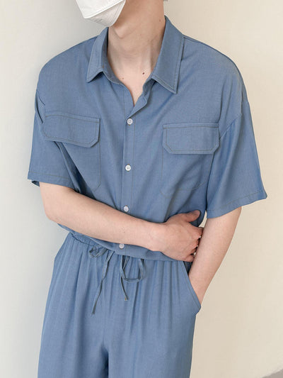 Zhou Flap Pocket Shirt & Drawstring Flow Pants Set-korean-fashion-Clothing Set-Zhou's Closet-OH Garments