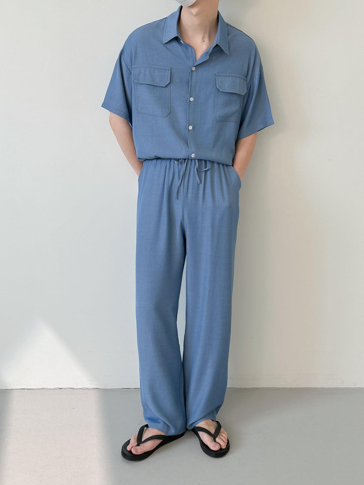 Zhou Flap Pocket Shirt & Drawstring Flow Pants Set-korean-fashion-Clothing Set-Zhou's Closet-OH Garments